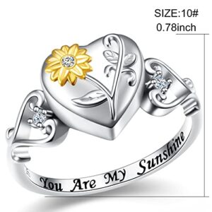 HOOHWE Sterling Silver Cremation Jewelry Sunflower Urn Rings Holds Loved Ones Ashes, You Are My Sunshine Heart Urn Ring Keepsake Cremation Ring Memorial Jewelry for Ashes for Women Men