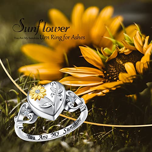 HOOHWE Sterling Silver Cremation Jewelry Sunflower Urn Rings Holds Loved Ones Ashes, You Are My Sunshine Heart Urn Ring Keepsake Cremation Ring Memorial Jewelry for Ashes for Women Men