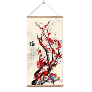 zhugege plum bossom flower painting,wall art for living room bedroom,chinese traditional meticulous painting,posters and printing,fixed wooden hanging scroll (16”x32”) (16”x32”)