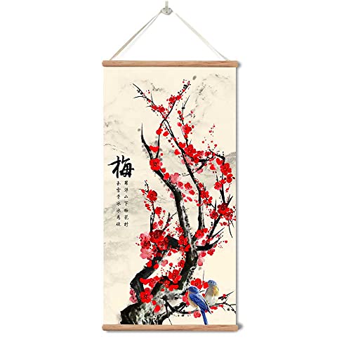 zhugege Plum Bossom Flower Painting,Wall Art for Living Room Bedroom,Chinese Traditional Meticulous Painting,Posters and Printing,Fixed Wooden Hanging Scroll (16”x32”) (16”x32”)