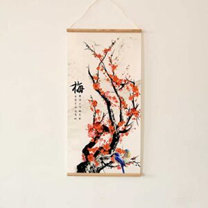 zhugege Plum Bossom Flower Painting,Wall Art for Living Room Bedroom,Chinese Traditional Meticulous Painting,Posters and Printing,Fixed Wooden Hanging Scroll (16”x32”) (16”x32”)