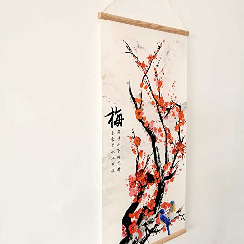 zhugege Plum Bossom Flower Painting,Wall Art for Living Room Bedroom,Chinese Traditional Meticulous Painting,Posters and Printing,Fixed Wooden Hanging Scroll (16”x32”) (16”x32”)