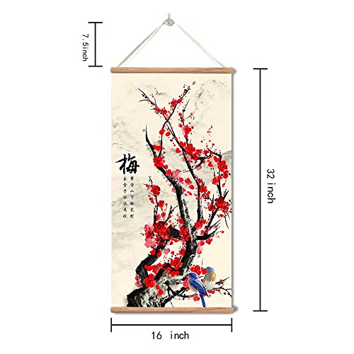 zhugege Plum Bossom Flower Painting,Wall Art for Living Room Bedroom,Chinese Traditional Meticulous Painting,Posters and Printing,Fixed Wooden Hanging Scroll (16”x32”) (16”x32”)