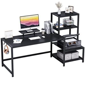 greenforest computer desk 68.8 inch with storage printer shelf home office desk with movable monitor stand and 2 headphone hooks for study writing pc gaming working, black