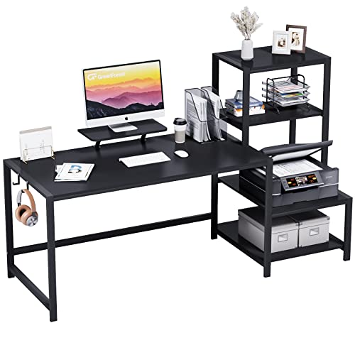 GreenForest Computer Desk 68.8 inch with Storage Printer Shelf Home Office Desk with Movable Monitor Stand and 2 Headphone Hooks for Study Writing PC Gaming Working, Black