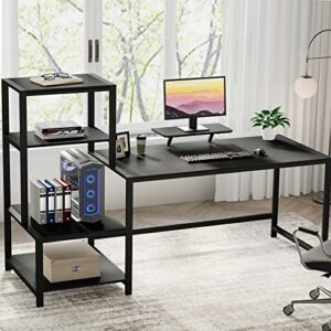 GreenForest Computer Desk 68.8 inch with Storage Printer Shelf Home Office Desk with Movable Monitor Stand and 2 Headphone Hooks for Study Writing PC Gaming Working, Black