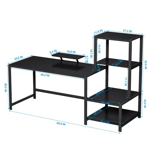 GreenForest Computer Desk 68.8 inch with Storage Printer Shelf Home Office Desk with Movable Monitor Stand and 2 Headphone Hooks for Study Writing PC Gaming Working, Black