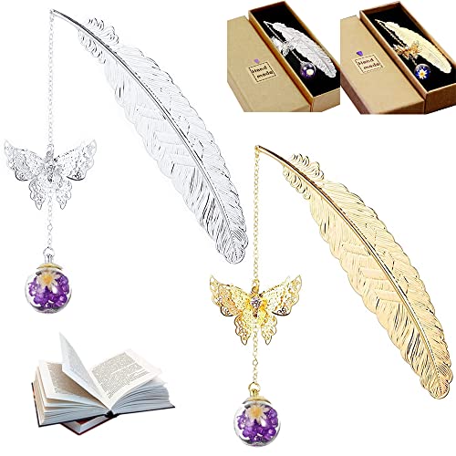 2pcs Vintage Metal Feather Bookmarks with 3D Butterfly Pendant,Student Reading Page Markers,Mothers Day Thanksgiving Birthday Pretty Surprise Gift for Women Girls Kids Teacher Readers（Purple Diamond）