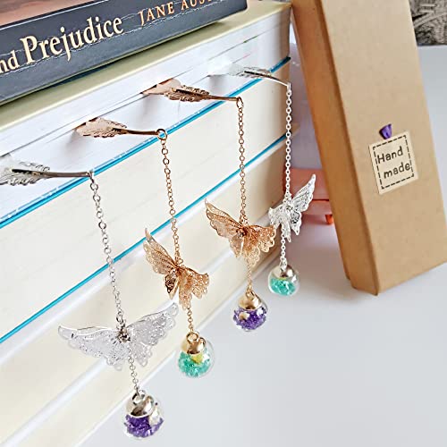 2pcs Vintage Metal Feather Bookmarks with 3D Butterfly Pendant,Student Reading Page Markers,Mothers Day Thanksgiving Birthday Pretty Surprise Gift for Women Girls Kids Teacher Readers（Purple Diamond）