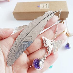 2pcs Vintage Metal Feather Bookmarks with 3D Butterfly Pendant,Student Reading Page Markers,Mothers Day Thanksgiving Birthday Pretty Surprise Gift for Women Girls Kids Teacher Readers（Purple Diamond）