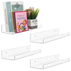 yestbuy 4 pack acrylic floating wall shelves 15″,invisible kids bookshelf, pop display,wall mounted shelves storage organizer for bedroom,bathroom,living room,kids room