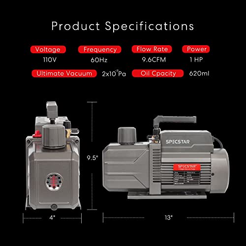 SPECSTAR 110V 9.6 CFM 1 HP Dual-Stage Rotary Vane HVAC Air Vacuum Pump for R12 R22 R134a R410a Systems with Oil Bottle