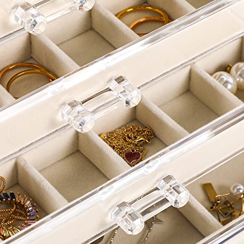 Frebeauty Acrylic Jewelry Organizer,Earring Organizer Box with 5 Drawers Clear Jewelry Box with Velvet Trays for Women,Stackable Earring Display Holder for Rings Studs and Bracelets(Beige)