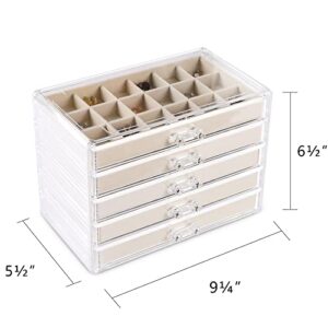 Frebeauty Acrylic Jewelry Organizer,Earring Organizer Box with 5 Drawers Clear Jewelry Box with Velvet Trays for Women,Stackable Earring Display Holder for Rings Studs and Bracelets(Beige)