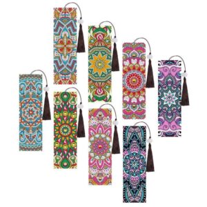 8 pieces 5d diamond rhinestone painting bookmark pu leather bookmarks art beaded rhinestone mandala floral bookmark with tassel for adults