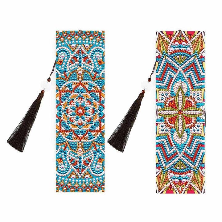 8 Pieces 5D Diamond Rhinestone Painting Bookmark PU Leather Bookmarks Art Beaded Rhinestone Mandala Floral Bookmark with Tassel for Adults