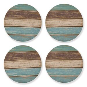 teal green brown retro rustic wood texture drinks coasters, non-scratch cork base round cups mats for home kitchen bar decor