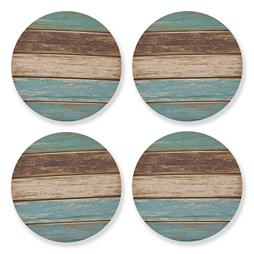 Teal Green Brown Retro Rustic Wood Texture Drinks Coasters, Non-Scratch Cork Base Round Cups Mats for Home Kitchen Bar Decor