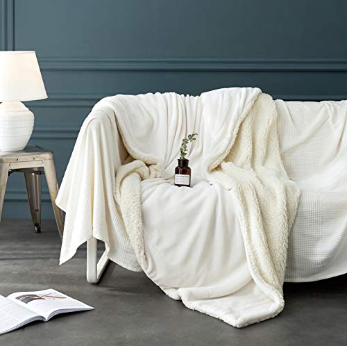 LBRO2M Sherpa Fleece Bed Blanket King Size Super Soft Plush Warm Cozy Fluffy Microfiber Couch Throw Velvet Double Reversible Blankets,Ivory