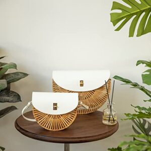 RULER TRUTH Handwoven Round Bamboo Bag Natural Shoulder Bag with Leather Straps Women's Handmade Straw Purse