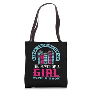 never underestimate the power of a girl with a book reading tote bag