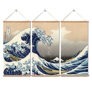 zhugege japanese traditional art the great wave off kanagawa by hokusai ,hanging poster with wood frames,ready to hang decorative wall 3 piece set (16”x32” x 3)