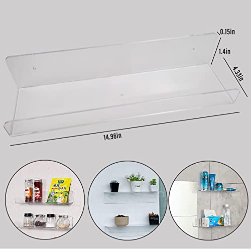 Acrylic Floating Shelves 15" Clear Wall Mounted Storage Shelf Display Shelves Bookshelf Spice Rack for Office Kitchen, 2 Pack 15 Inches