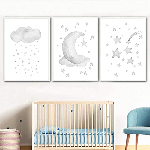 Bfgsrtcbox Grey Moon Wall Decor Nursery Star Print Cloud Art Stars Poster Canvas Printing Painting Pictures Posters Prints for Kids Room Home Girls bedroom 12x16inchx3pcs No Frame