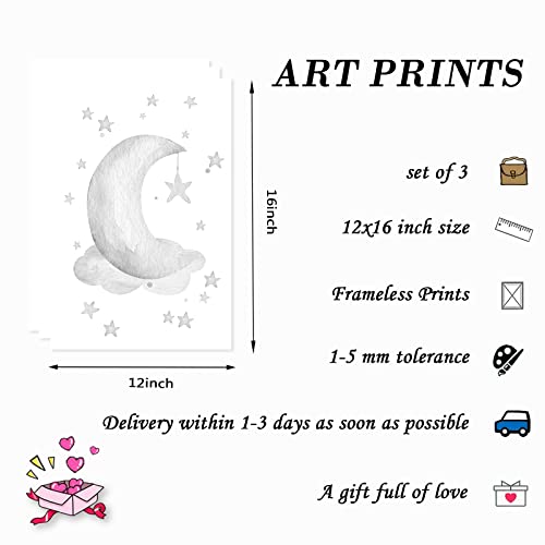 Bfgsrtcbox Grey Moon Wall Decor Nursery Star Print Cloud Art Stars Poster Canvas Printing Painting Pictures Posters Prints for Kids Room Home Girls bedroom 12x16inchx3pcs No Frame