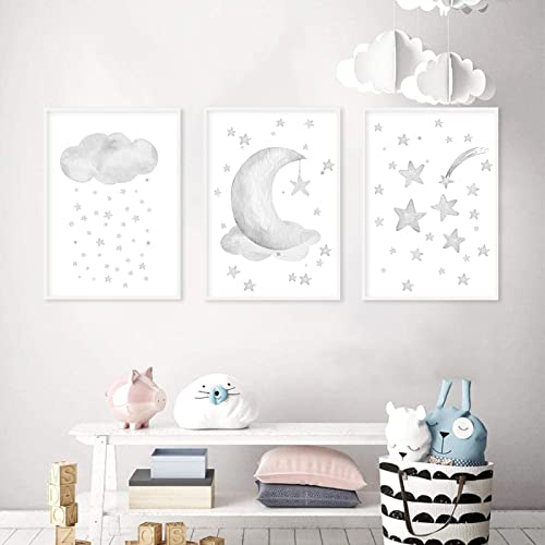 Bfgsrtcbox Grey Moon Wall Decor Nursery Star Print Cloud Art Stars Poster Canvas Printing Painting Pictures Posters Prints for Kids Room Home Girls bedroom 12x16inchx3pcs No Frame