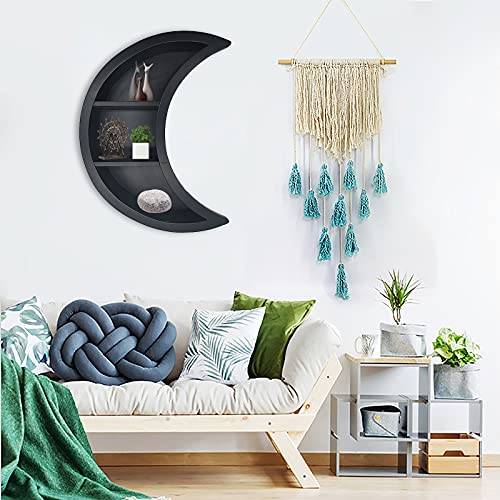 Takefuns Wooden Moon Shelf, Moon Shaped Floating Shelves for Crystal, Stone Storage Shelf Display Rack, Wall Mounted Display Shelf for Living Room Bedroom Bathroom