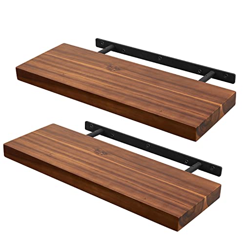 BATODA 17" Acacia Wood Floating Shelves Wall Mounted for Bathroom – Rustic Farmhouse Wooden Wall Storage Shelf for Bed Room, Kitchen, Home Décor - Brackets Included - 17 x 6 x 1.2 Inch - (Set of 2)