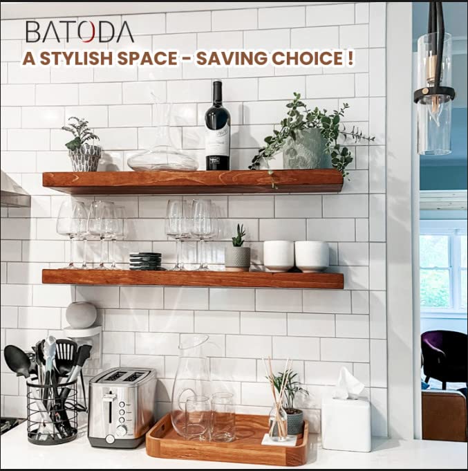 BATODA 17" Acacia Wood Floating Shelves Wall Mounted for Bathroom – Rustic Farmhouse Wooden Wall Storage Shelf for Bed Room, Kitchen, Home Décor - Brackets Included - 17 x 6 x 1.2 Inch - (Set of 2)