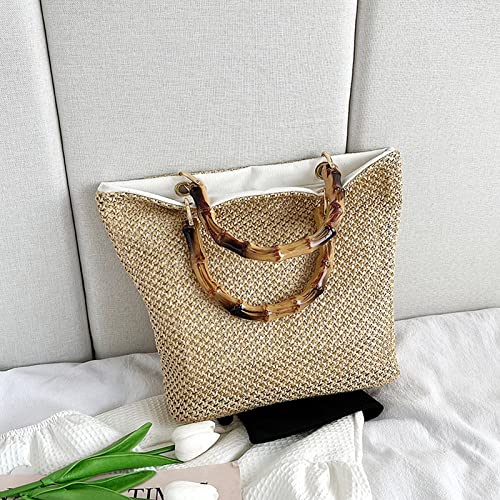 CWCYYDSYY Women's Straw Bags Tote with Bamboo Handles Rattan Woven,Handbag Summer Boho Beach Purse(Brown)