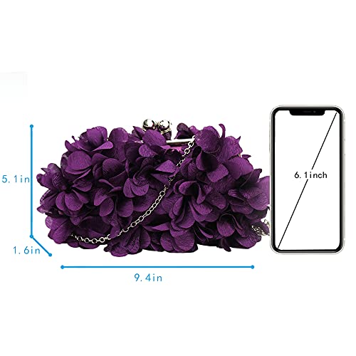 Zeph Hosea Flowers Evening Clutch Purse Kiss Lock Wedding Party Bag Chain Crossbody Shoulder Purse, Purple