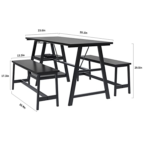 SogesHome 55’’ Kitchen Table Sets, 3-Piece Dining Room Table and Benches for 4, Breakfast Lunch Table with Wine Rack and Glass Holder for Kitchen, Living-Room, Small Space, Black