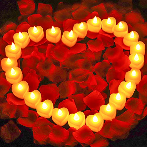 BLOCE 1000 Pieces Artificial Rose Petals with 24Pcs Heart Battery LED Tealight Candles, Rose Petals for Romantic Night for Him Set Valentine's Day (Warm White)