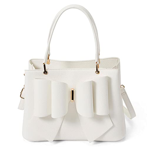 Like Dreams Women Jenna Elegant Bow Triple Compartment Vegan Leather Fashionable Satchel Handbag (White)