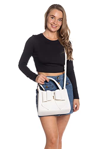 Like Dreams Women Jenna Elegant Bow Triple Compartment Vegan Leather Fashionable Satchel Handbag (White)