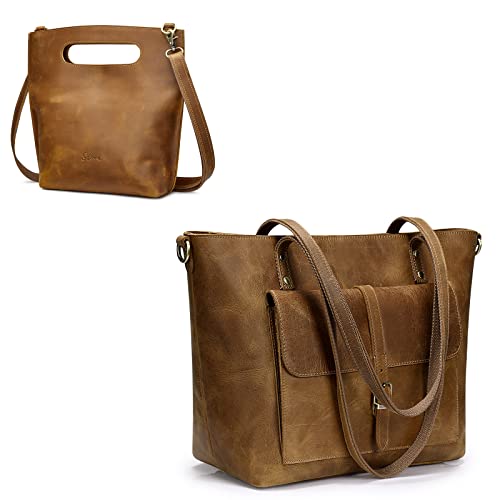 S-ZONE Women Vintage Genuine Leather Tote Bag with Clutch Bag