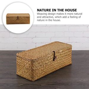 Cabilock 3 Compartment Storage Basket with Lid Hyacinth Baskets for Storage with Lid Rectangular Seagrass Baskets Straw Storage Basket Organizer Bins Wicker Baskets for Organizing