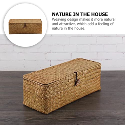 Cabilock 3 Compartment Storage Basket with Lid Hyacinth Baskets for Storage with Lid Rectangular Seagrass Baskets Straw Storage Basket Organizer Bins Wicker Baskets for Organizing