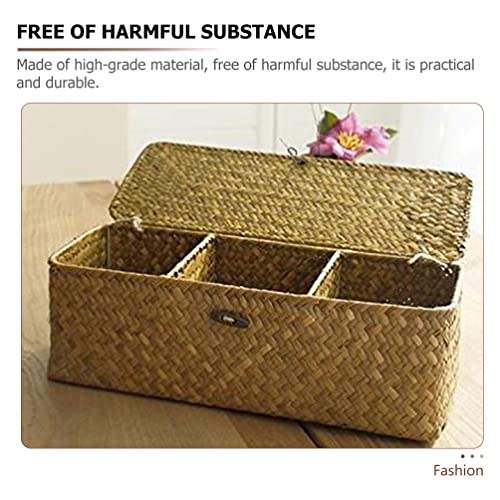 Cabilock 3 Compartment Storage Basket with Lid Hyacinth Baskets for Storage with Lid Rectangular Seagrass Baskets Straw Storage Basket Organizer Bins Wicker Baskets for Organizing