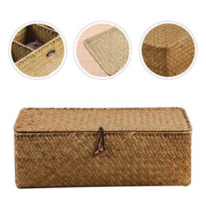 Cabilock 3 Compartment Storage Basket with Lid Hyacinth Baskets for Storage with Lid Rectangular Seagrass Baskets Straw Storage Basket Organizer Bins Wicker Baskets for Organizing