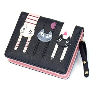 sumgogo small wallet for women cute cat pendant card holder organizer girls front pocket coin purse leather (b-black)