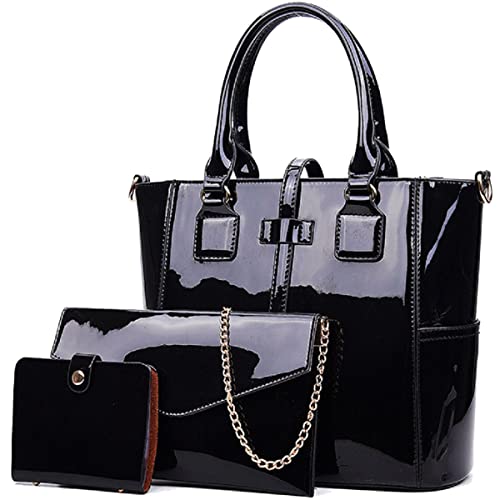 XingChen 3-PC Patent Women Handbag+Crossbody Bag+Card Bag Shiny Faux Leather Top Handle Satchel Shoulder Tote Bag Purses(Black)