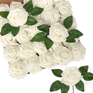 jpsor white roses artificial flowers 25pcs foam fake roses with stems for diy wedding bouquets floral arrangements table centerpieces home decorations (ivory)