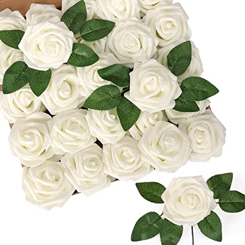 JPSOR White Roses Artificial Flowers 25pcs Foam Fake Roses with Stems for DIY Wedding Bouquets Floral Arrangements Table Centerpieces Home Decorations (Ivory)