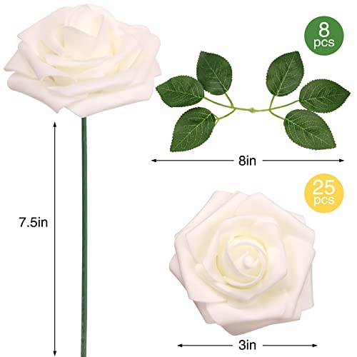 JPSOR White Roses Artificial Flowers 25pcs Foam Fake Roses with Stems for DIY Wedding Bouquets Floral Arrangements Table Centerpieces Home Decorations (Ivory)