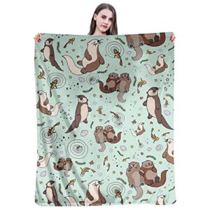 sea otter novelty throw blanket flannel fleece green blanket for bed couch chair travel camping super soft warm lightweight comfort cute otter gifts for girls boys adults 60″x50″